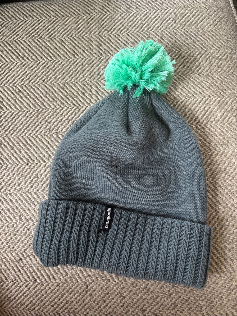 Patagonia Beanie in Slate Gray with Mint Green Pom